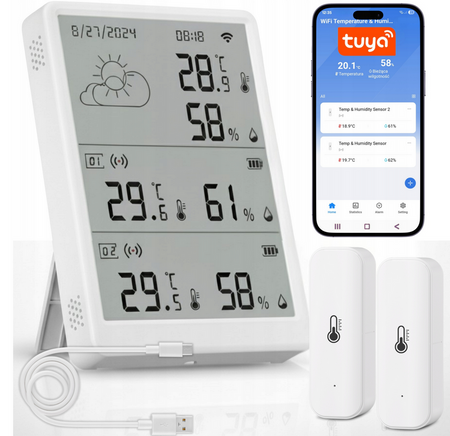 Stacja pogodowa Wi-Fi Tuya z dwoma czujnikami temperatury